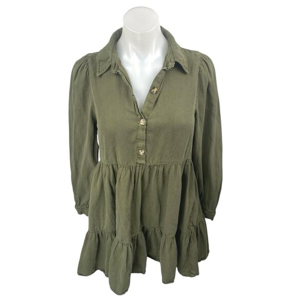 Zara Women's Green Long Sleeve Collared Tiered A Line Shirt Mini Dress Size S - Picture 1 of 4